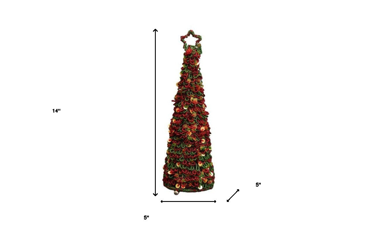 14" Green And Red Polyresin Beaded Christmas Tree Sculpture - Minihomy