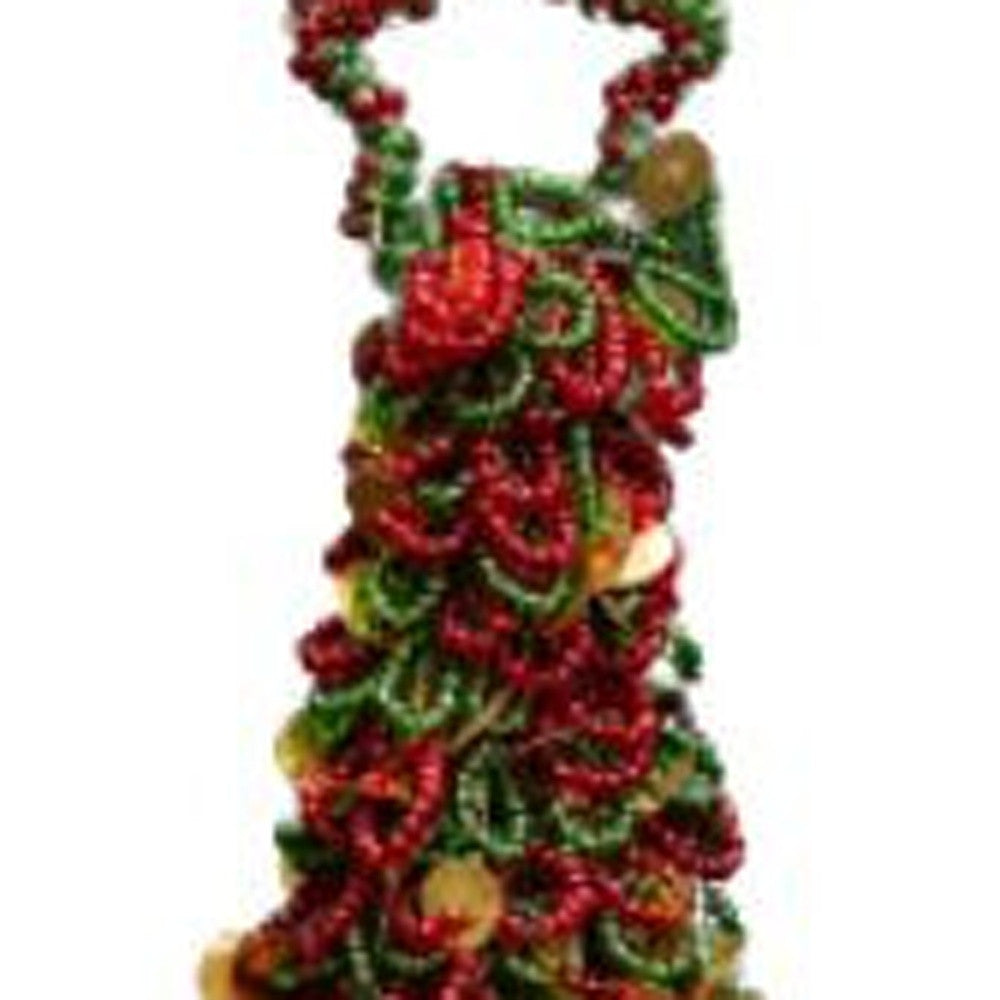 14" Green And Red Polyresin Beaded Christmas Tree Sculpture - Minihomy