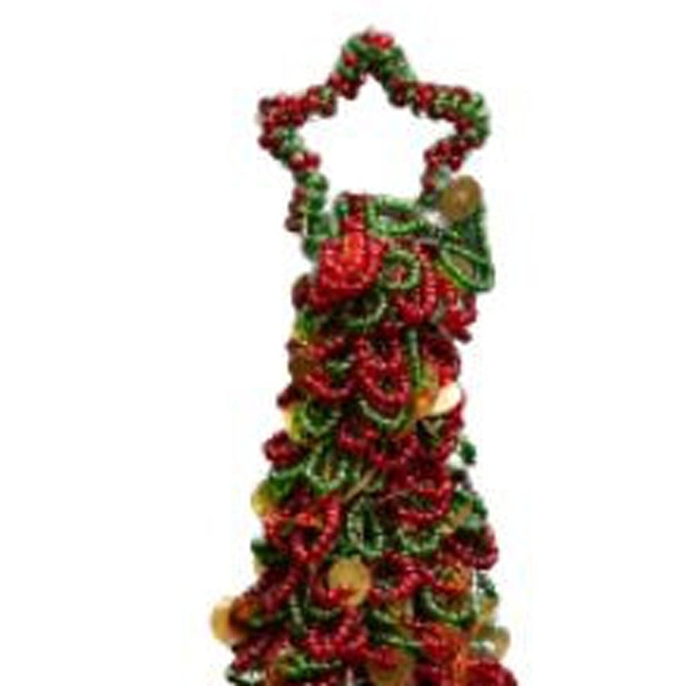 14" Green And Red Polyresin Beaded Christmas Tree Sculpture - Minihomy