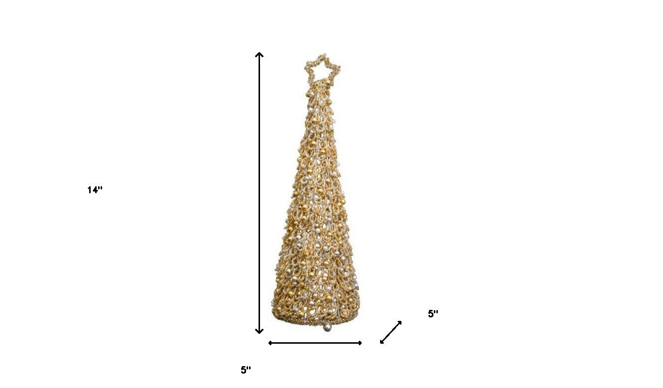 14" Gold Polyresin Bead Christmas Tree Sculpture - Minihomy