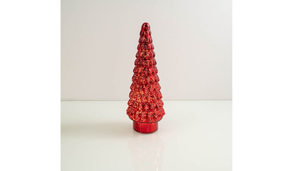 15" Red Glass Christmas Tree Sculpture with LED Light - Minihomy