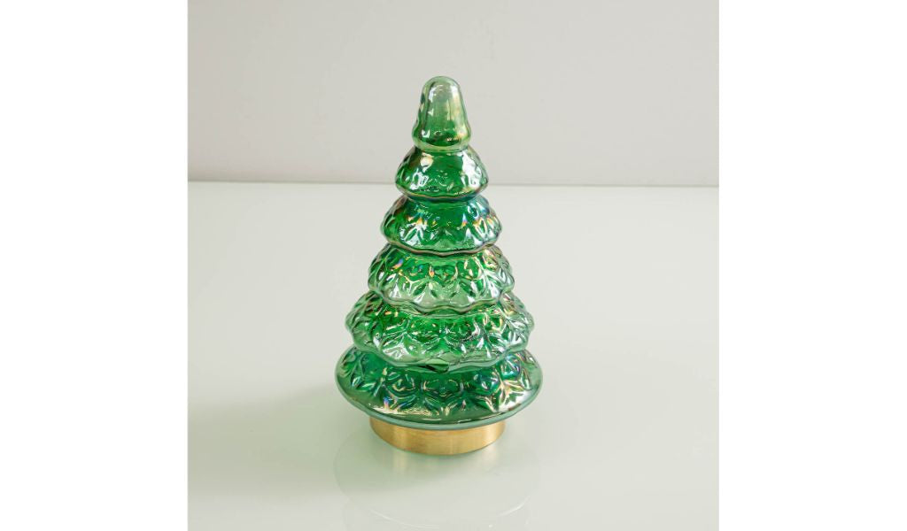 12" Green And Gold Glass Christmas Tree  Sculpture - Minihomy