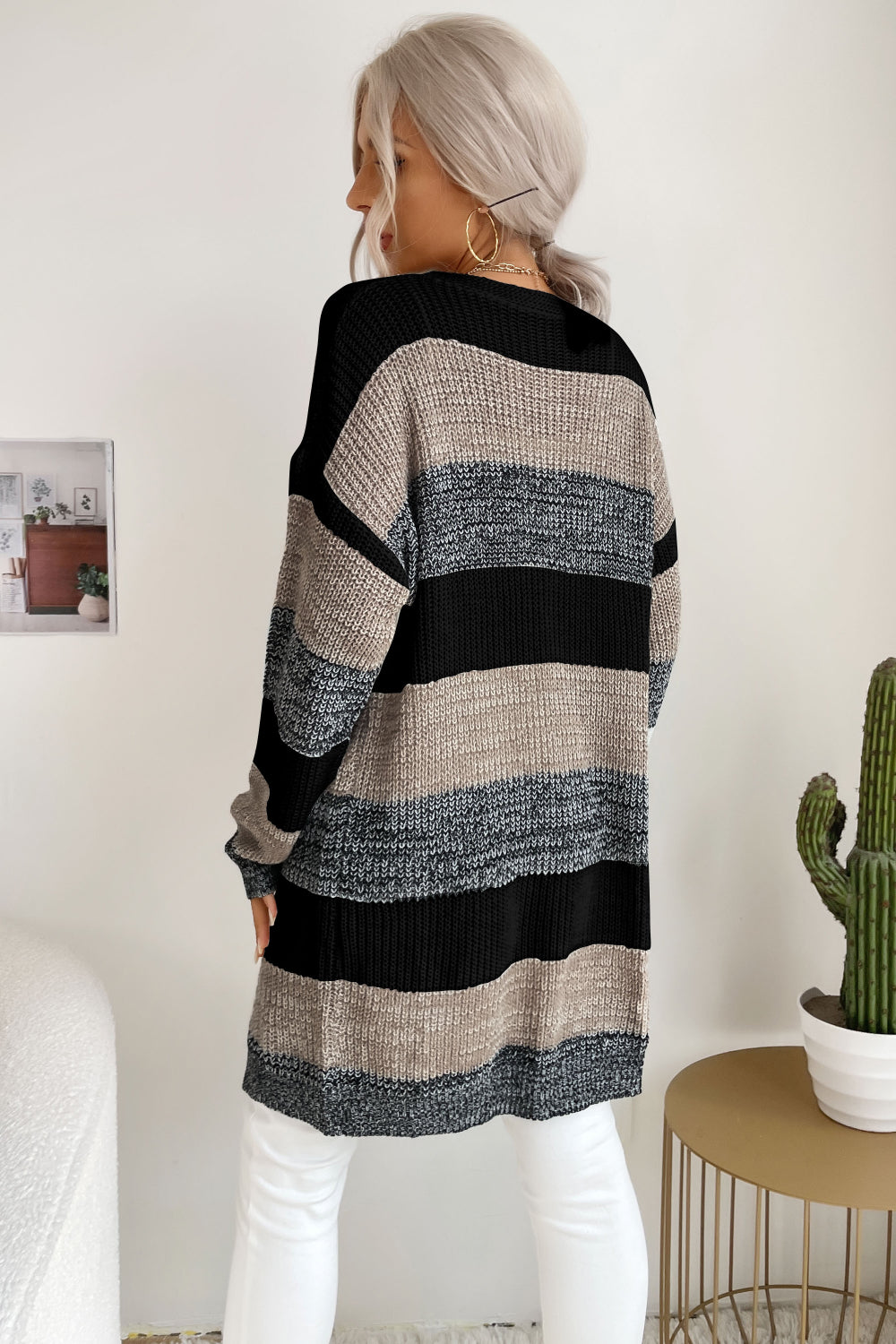 Striped Long Sleeve Duster Cardigan - Minihomy