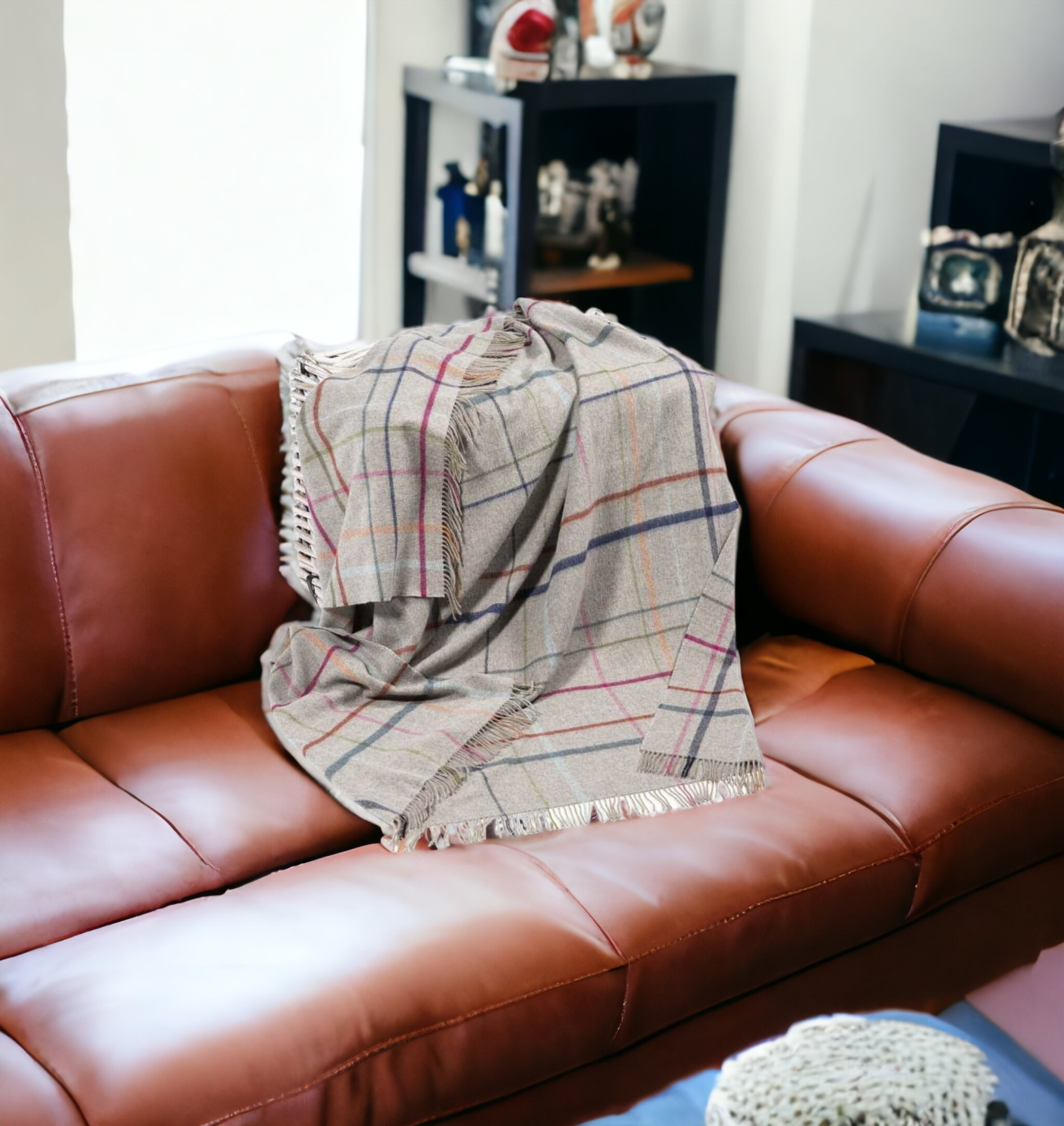 Gray and Blue Woven Lambswool Striped Throw Blanket With Fringe - Minihomy