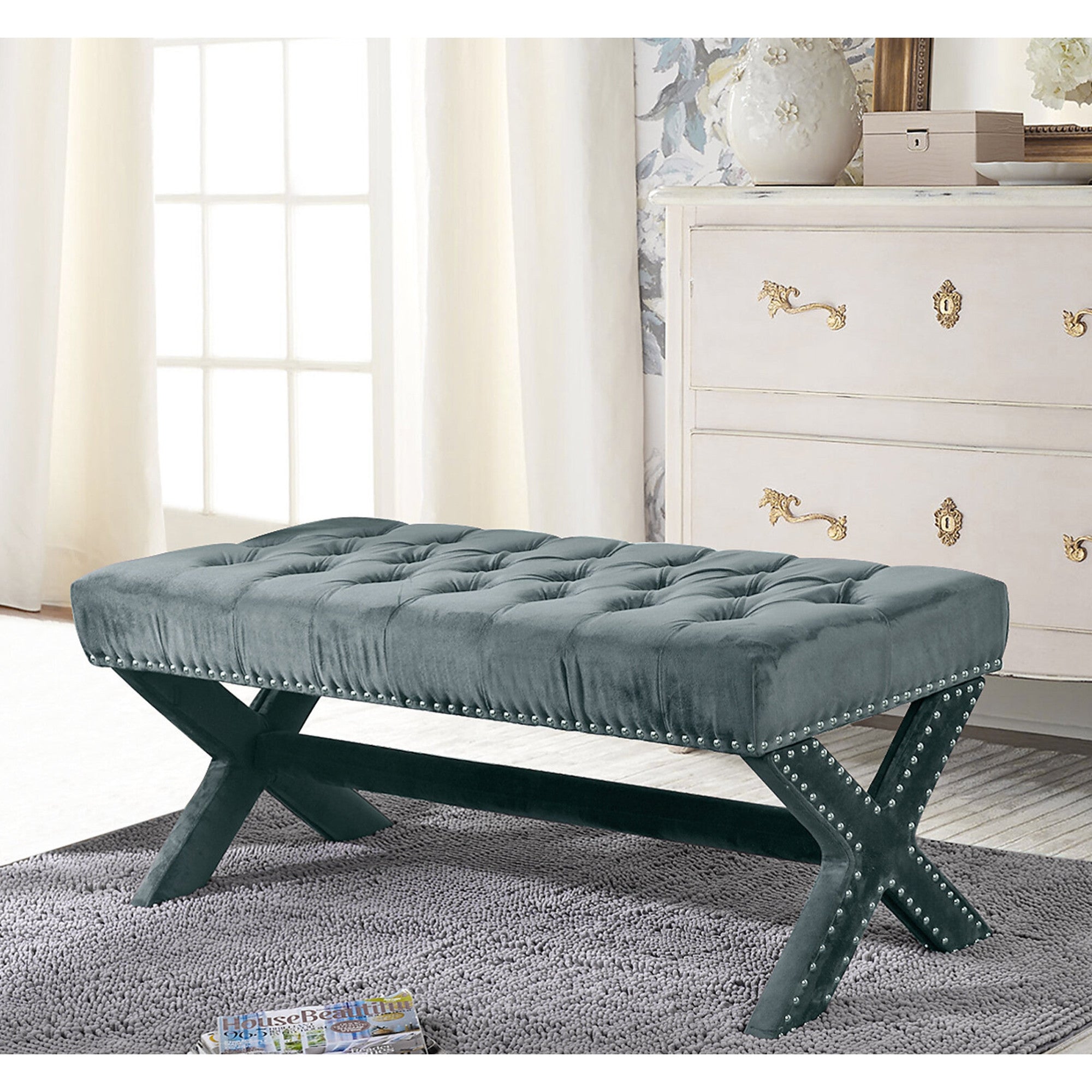 45" Slate Blue Upholstered Velvet Bench - Minihomy