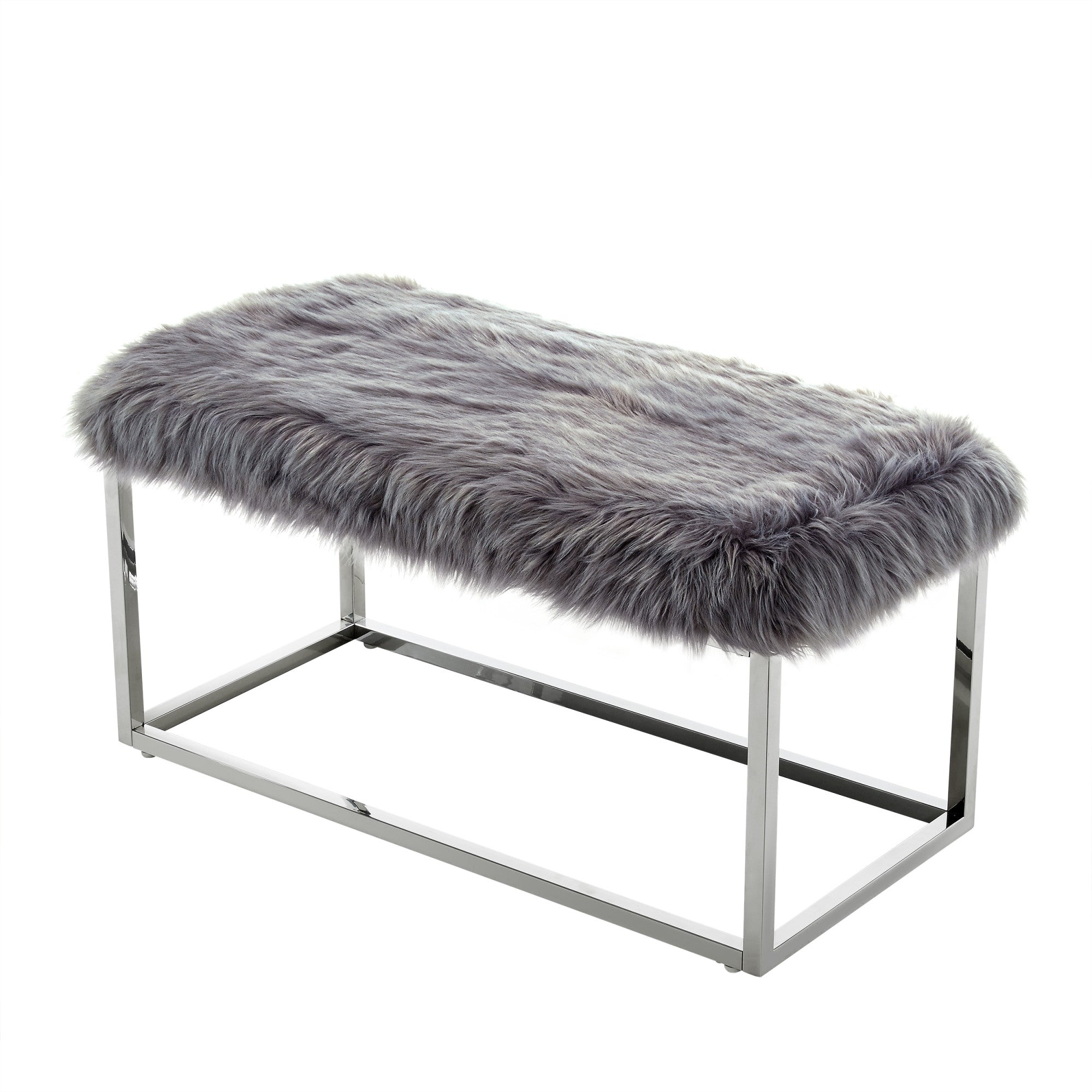 40" Gray And Silver Upholstered Faux Fur Bench - Minihomy