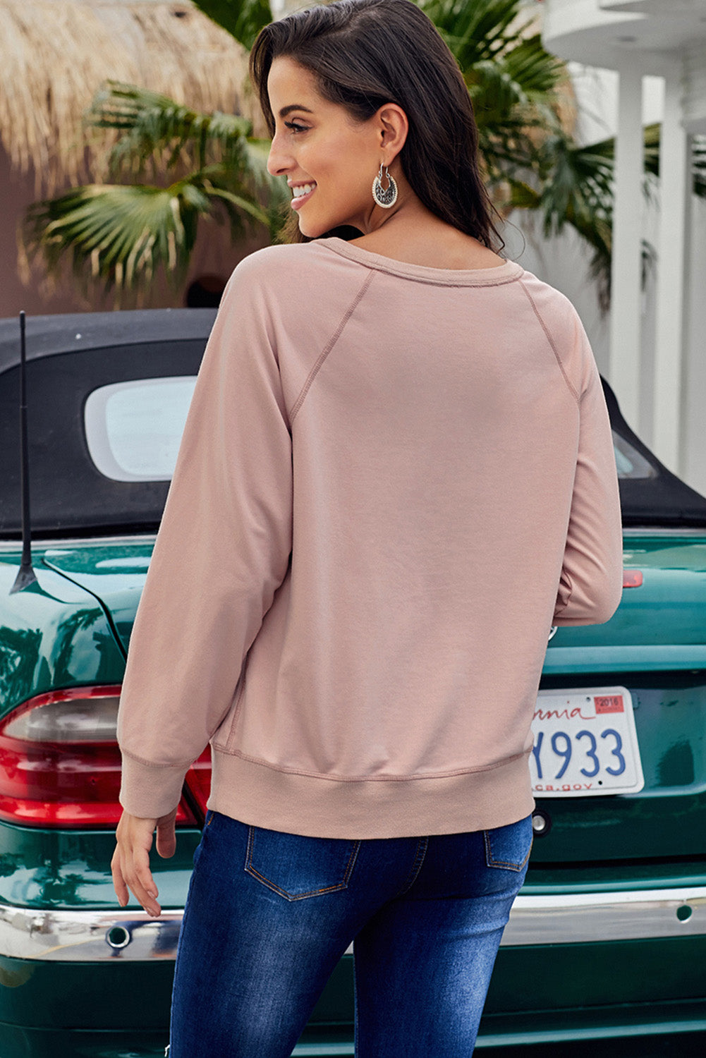 Round Neck Raglan Sleeve Exposed Seam Sweatshirt - Minihomy