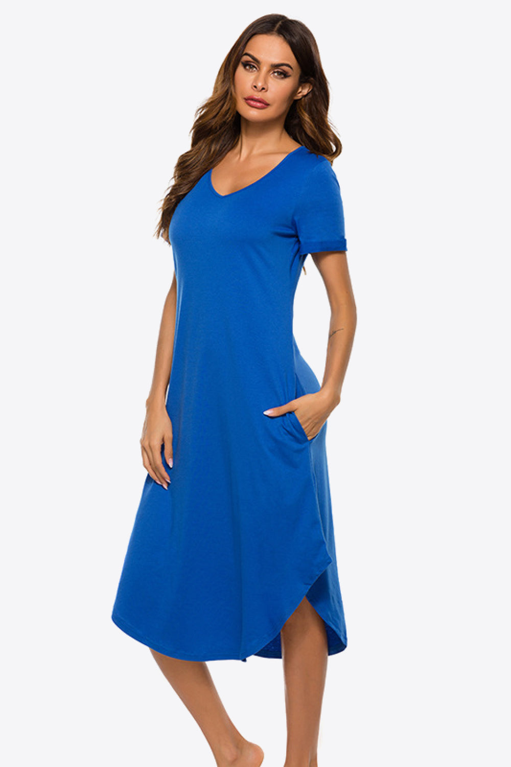 Curved Hem V-Neck T-Shirt Pocket Dress - Minihomy