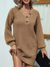 Buttoned V-Neck Dropped Shoulder Sweater Dress - Minihomy