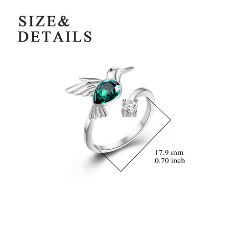 Emerald Green May Birthstone Crystal Ring for Mom Birthday, Sterling Silver Hummingbird Womens Ring Jewelry Gifts