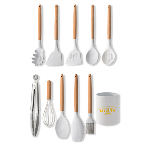 Marbled White Wooden Handle Silicone Kitchenware Set