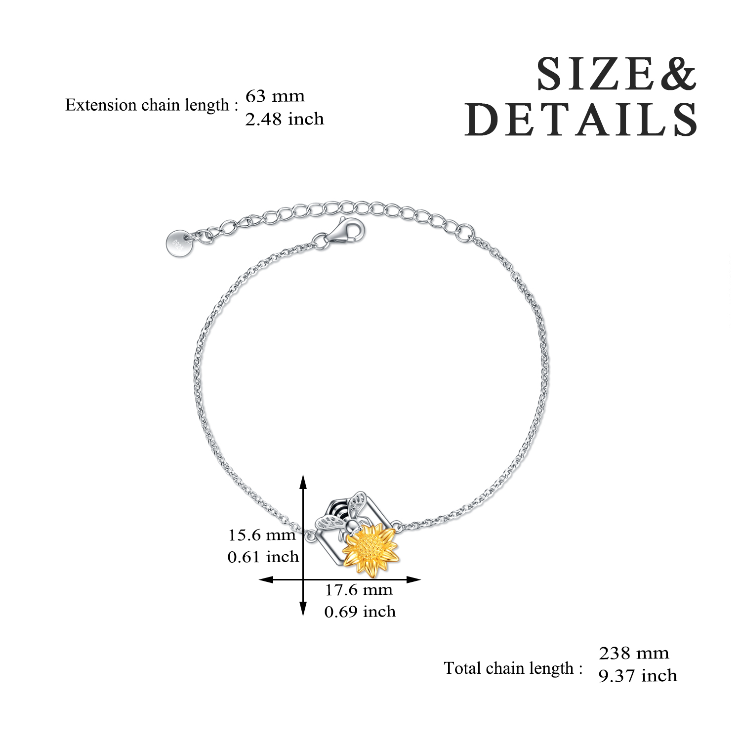 Sunflower Bee Bracelet Sterling Silver Honey Bumble Bee Flower Jewelry Gifts for Women Birthday
