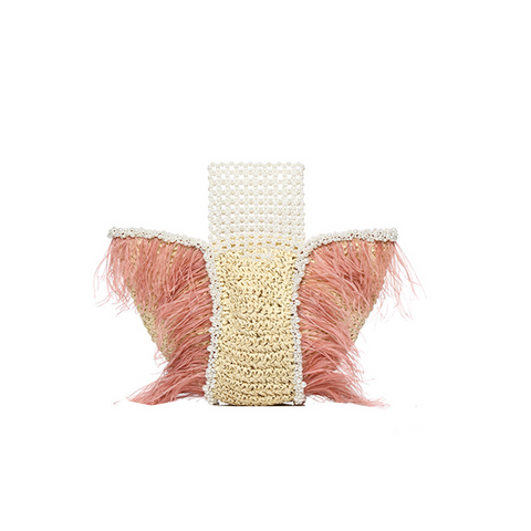 Handmade Pearl Ostrich Hair Natural Straw Women's Bag