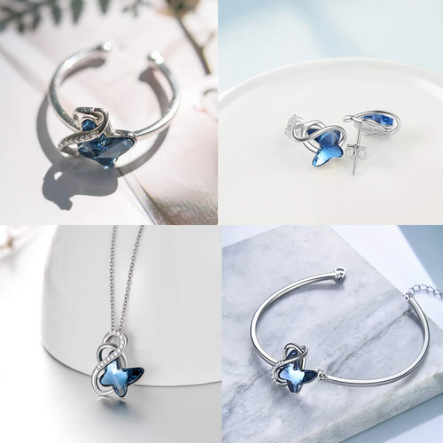 Sterling Silver Blue Butterfly Crystal Bracelet Bangle for Women