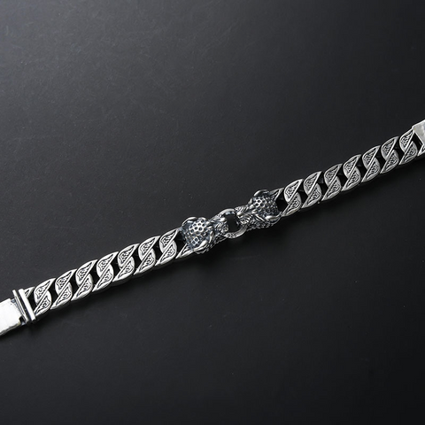 S925 Sterling Silver Leopard Head Bracelet Men's Retro Thick Style