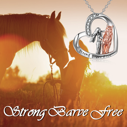Sterling Silver Girls with Horse Heart Pendant Necklace Jewelry Gift for Women