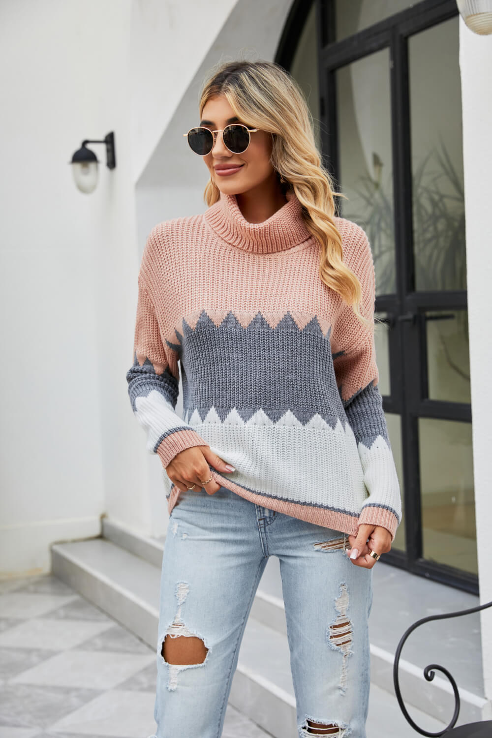 Color Block Rib-Knit Turtleneck Dropped Shoulder Sweater