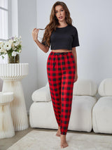 Round Neck Cropped Tee and Plaid Joggers Lounge Set