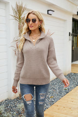 Quarter-Zip Rib-Knit Collared Sweater