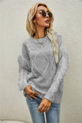 Mixed Knit Fringe Detail Round Neck Sweater