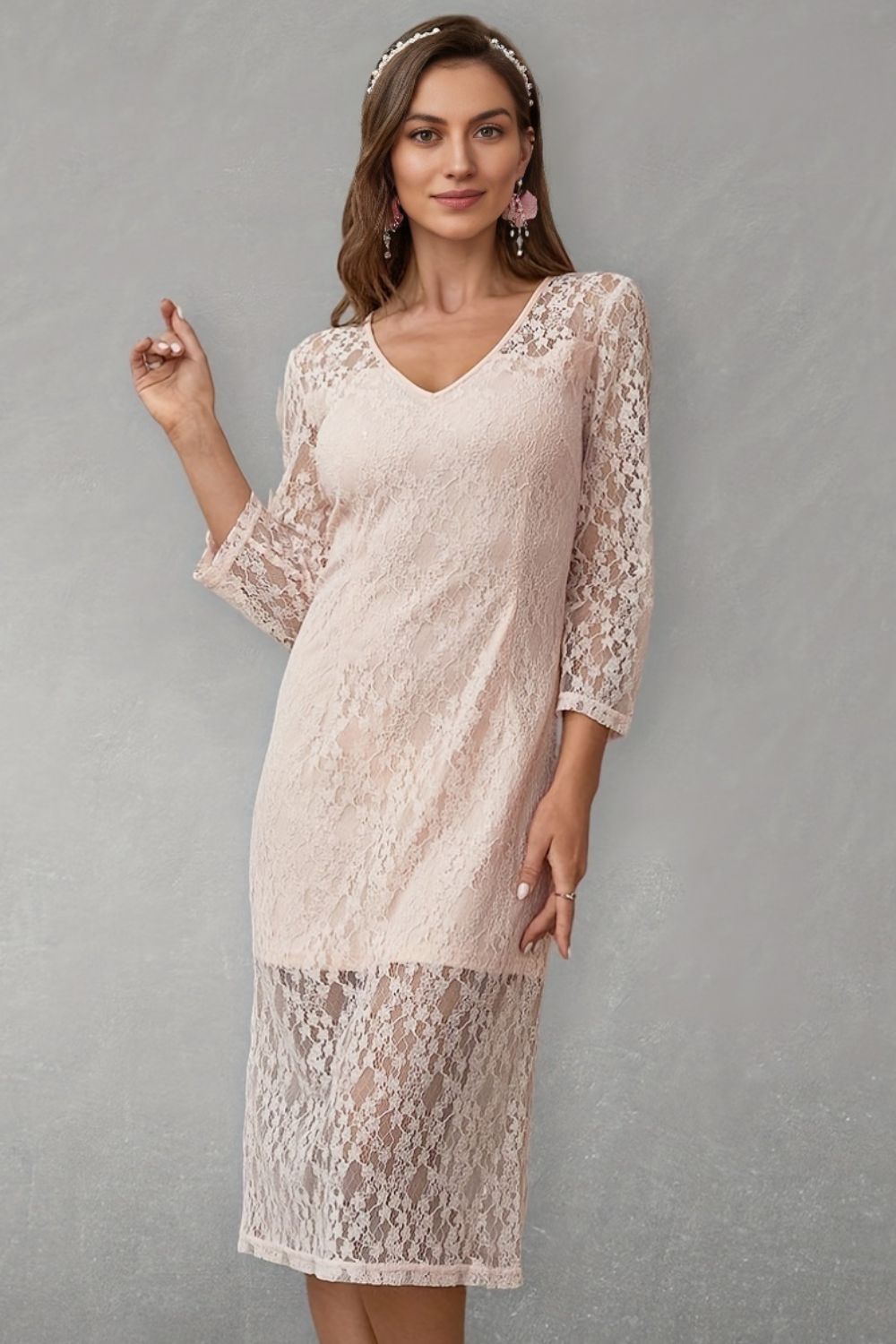 V-Neck Three-Quarter Sleeve Lace Dress