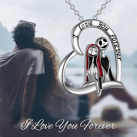 Sterling Silver Heart Nightmare Before Christmas Jack Skellington and Sally Pendant Necklace Jewelry Gifts for Women