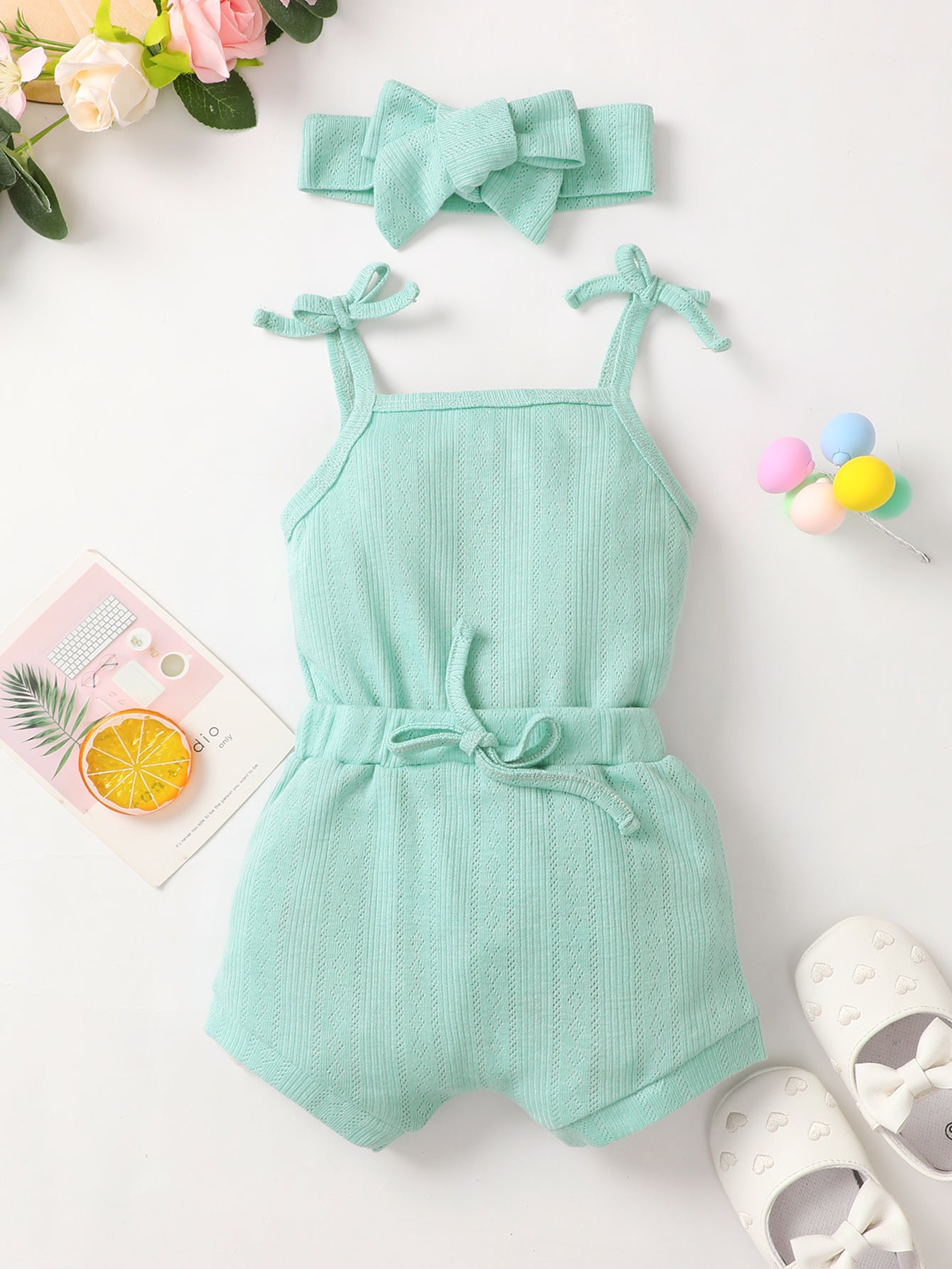 Baby Girl Waffle-Knit Tie-Shoulder Top and Shorts Set - Minihomy