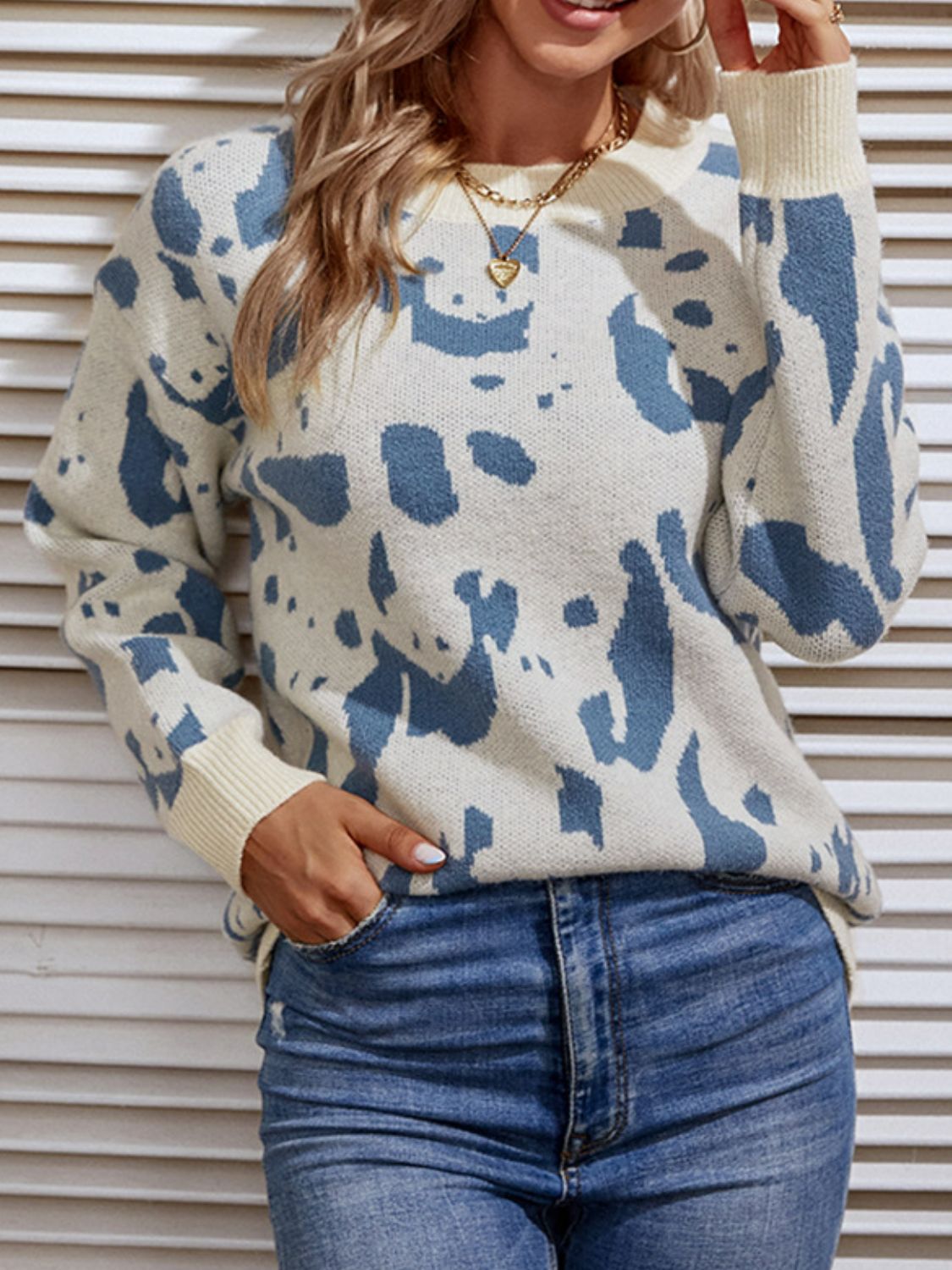 Animal Print Ribbed Trim Sweater - Minihomy