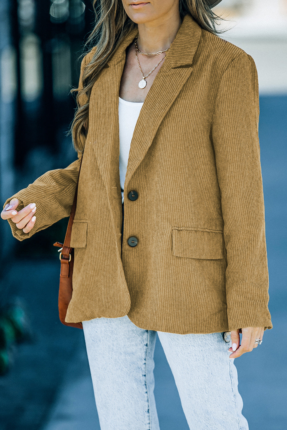 Back Slit Lapel Collar Corduroy Jacket