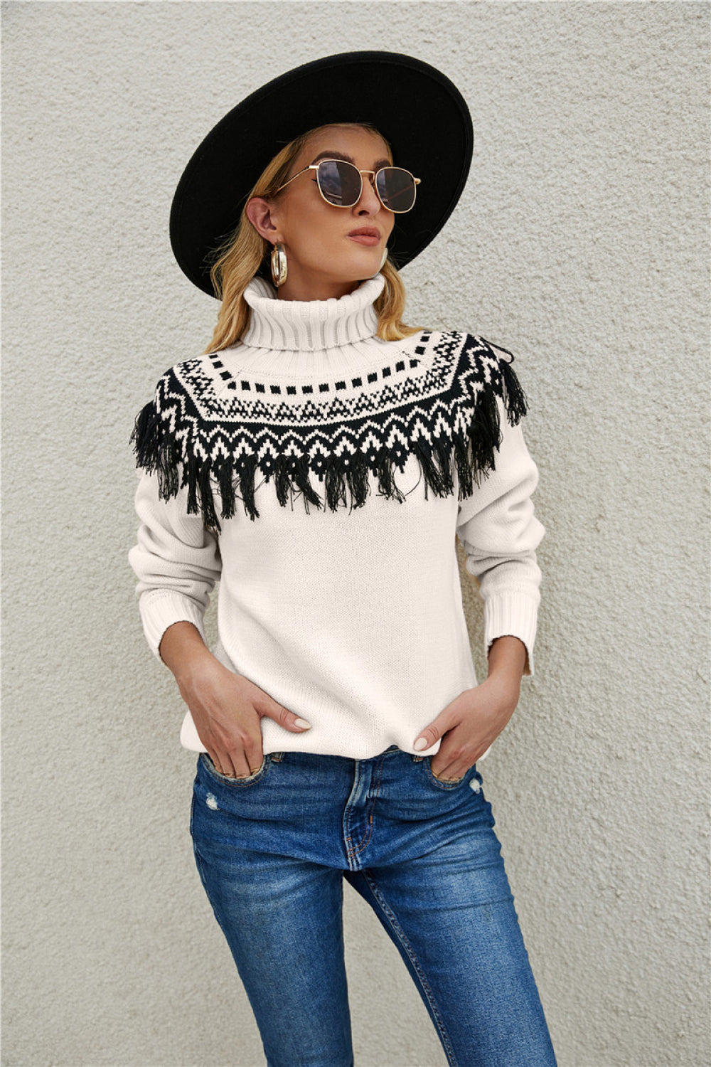 Fair Isle Turtleneck Sweater with Fringe