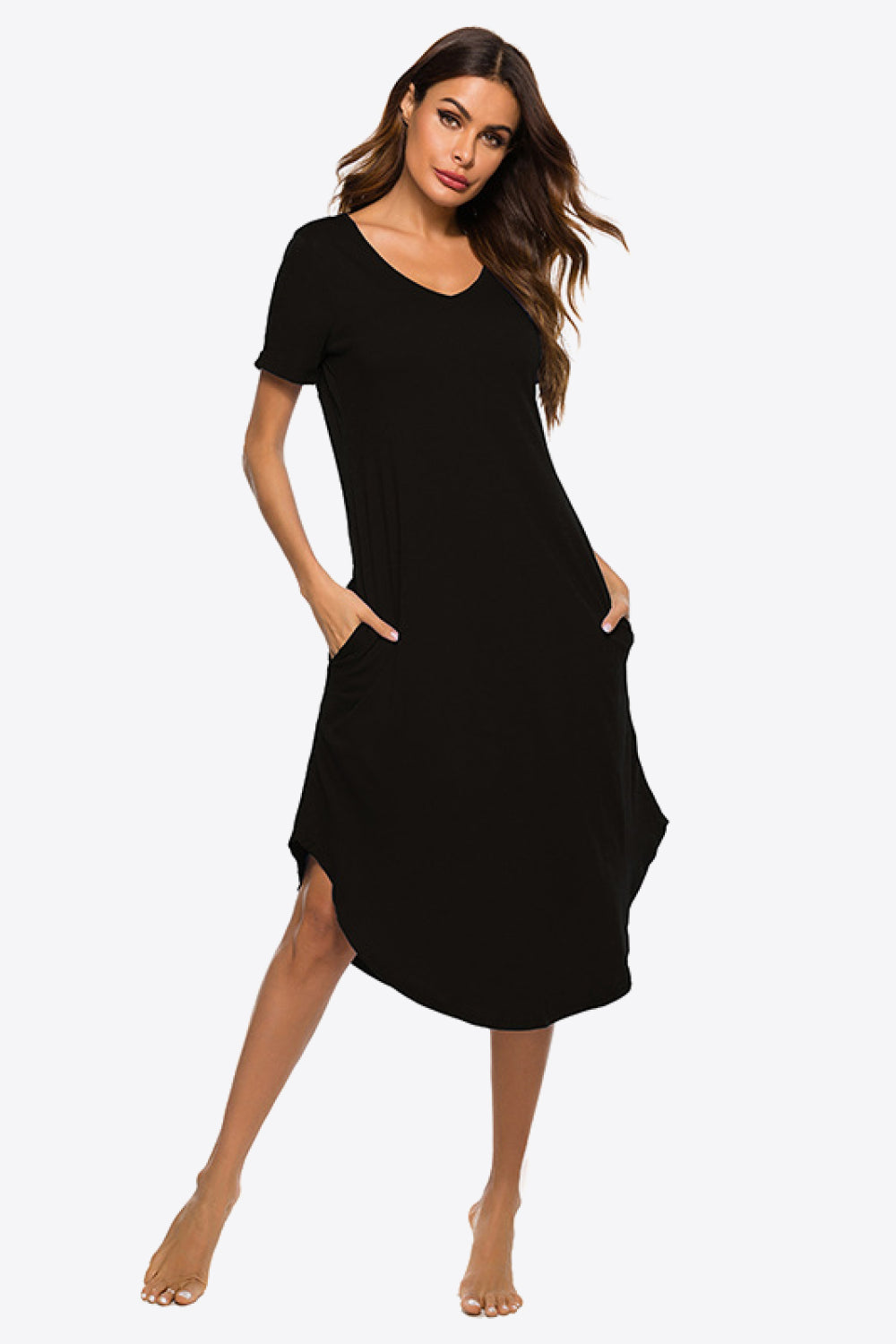 Curved Hem V-Neck T-Shirt Pocket Dress - Minihomy