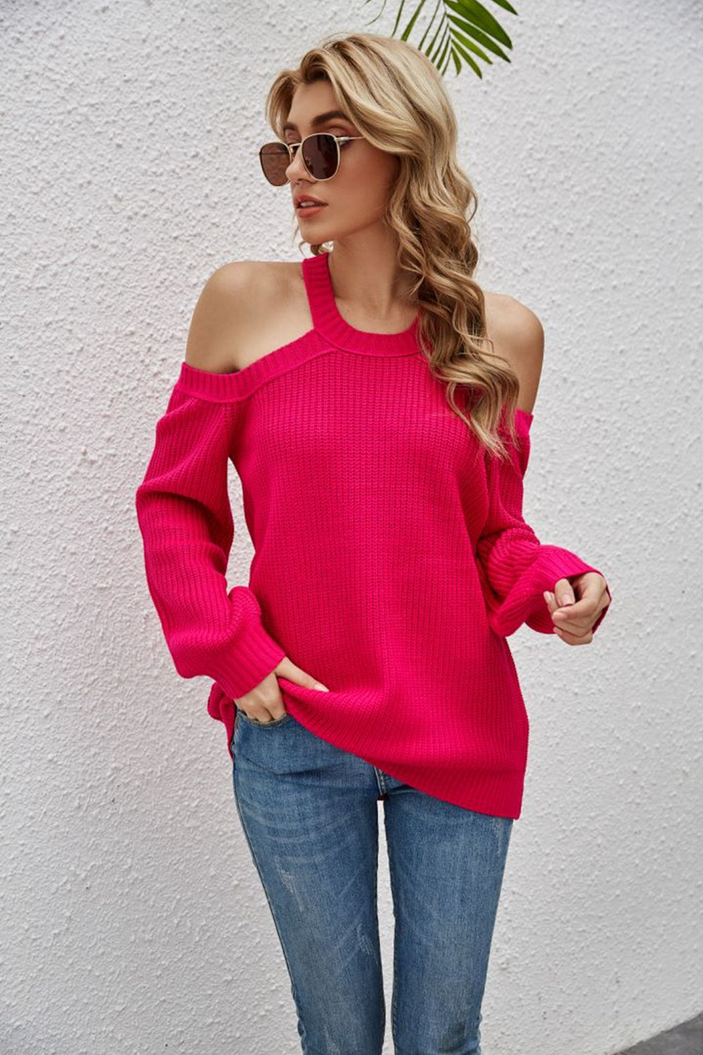 Cutout Cold-Shoulder Rib-Knit Sweater