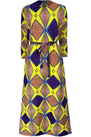 Geometrical Print Accordion Pleated Three-Quarter Sleeve Dress