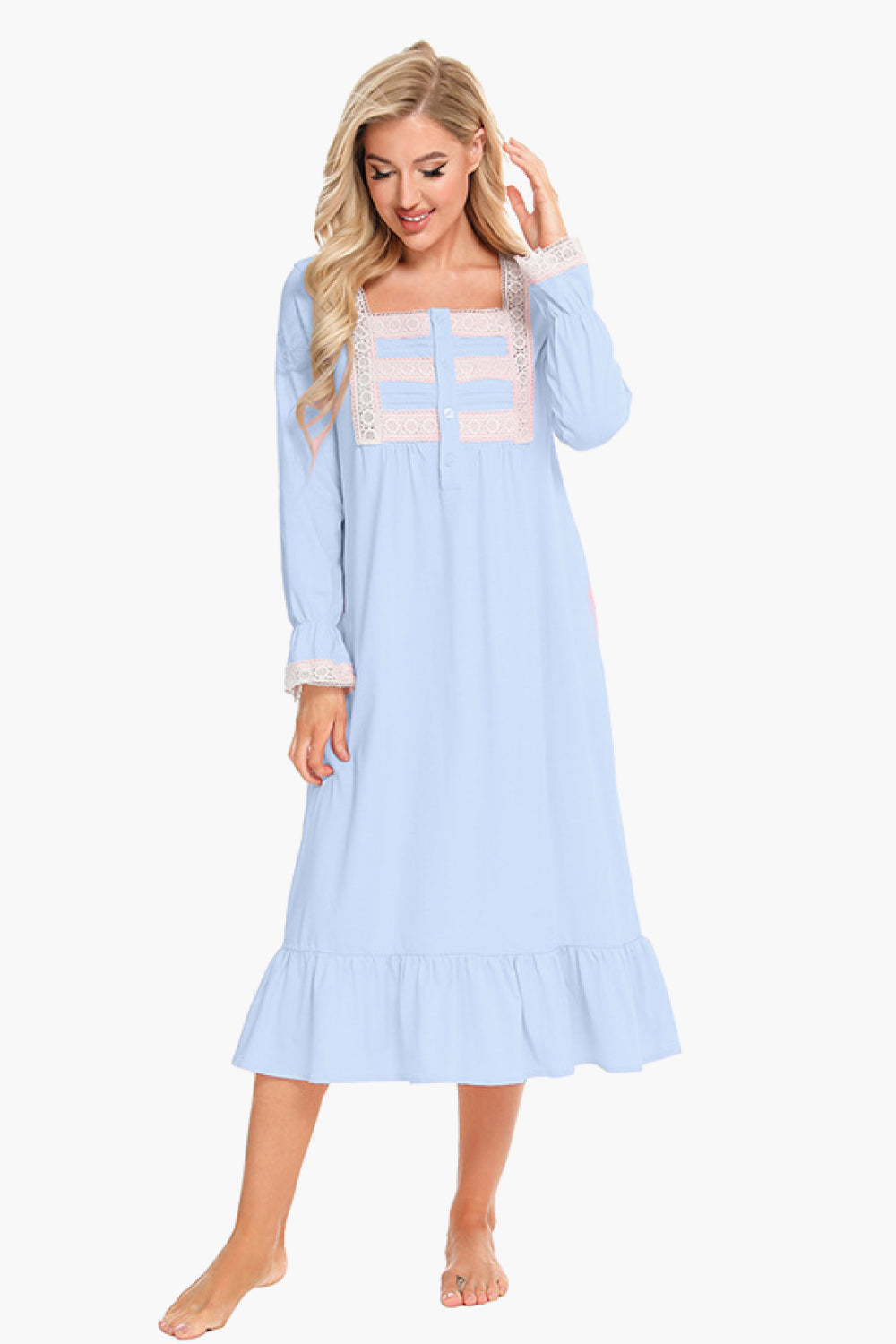 Contrast Lace Trim Ruffle Hem Square Neck Night Dress - Minihomy