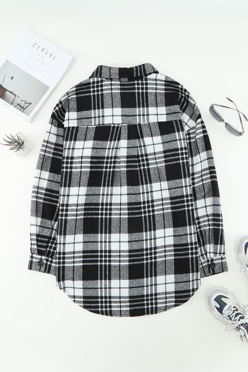 Plaid Curved Hem Longline Shacket - Minihomy