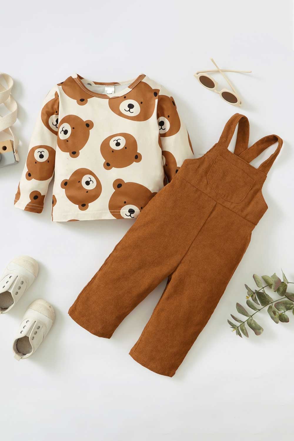 Kids Bear Print Top and Overalls Set - Minihomy