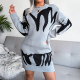 Abstract Print Crewneck Long Sleeve Sweater (Belt Not Included)