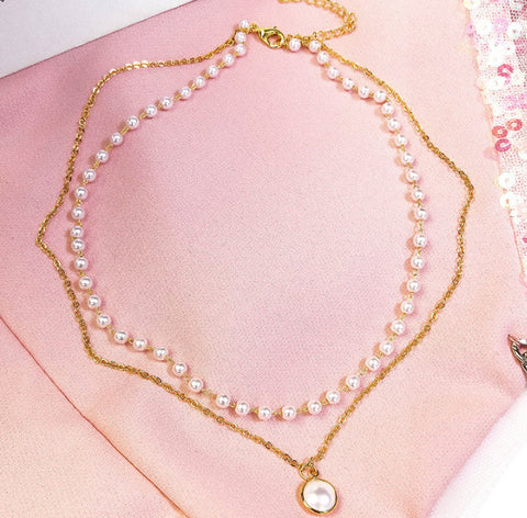 Simple Chain Beaded Multilayer Necklace Pearl Pendant Necklace