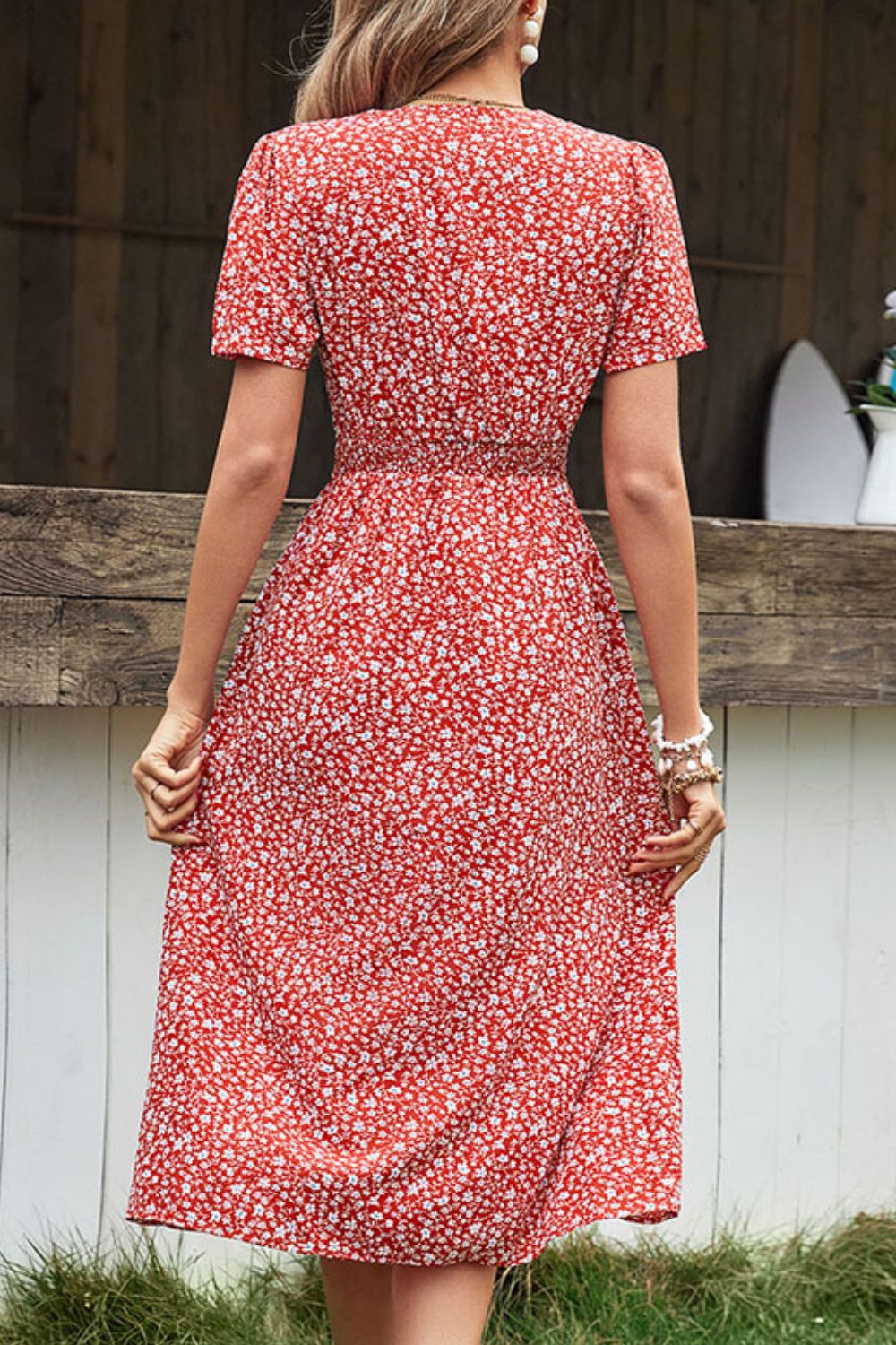 Ditsy Floral Button Front Tied Puff Sleeve Dress - Minihomy