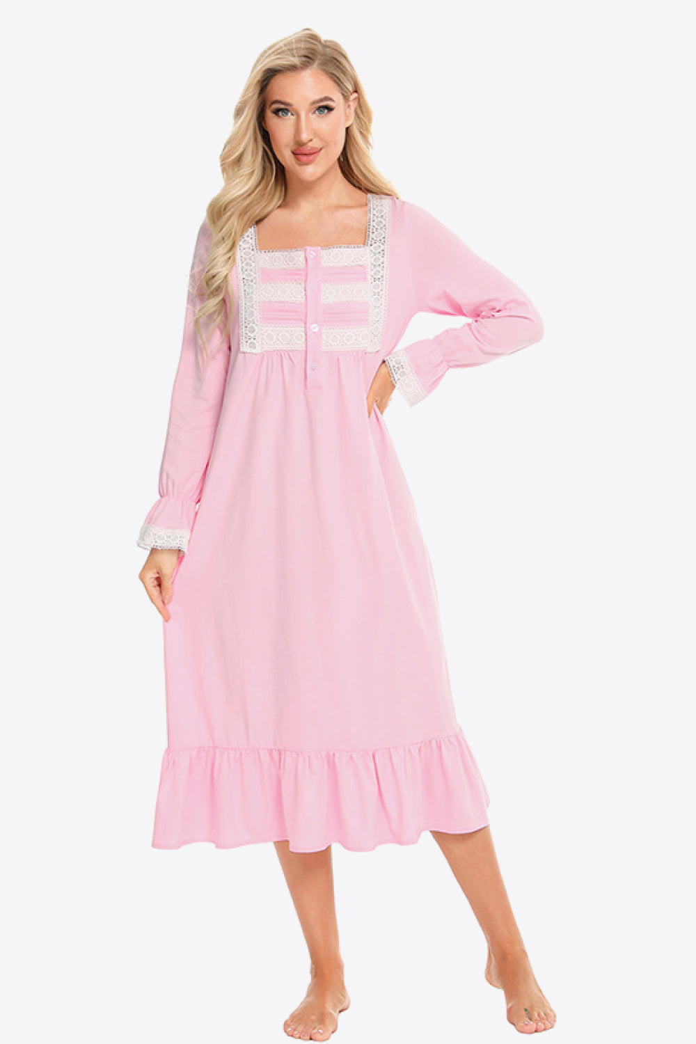 Contrast Lace Trim Ruffle Hem Square Neck Night Dress - Minihomy