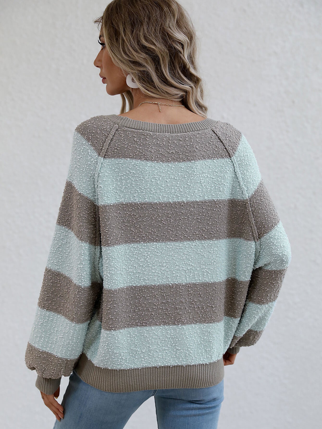 Striped Raglan Sleeve Ribbed Trim Knit Top - Minihomy