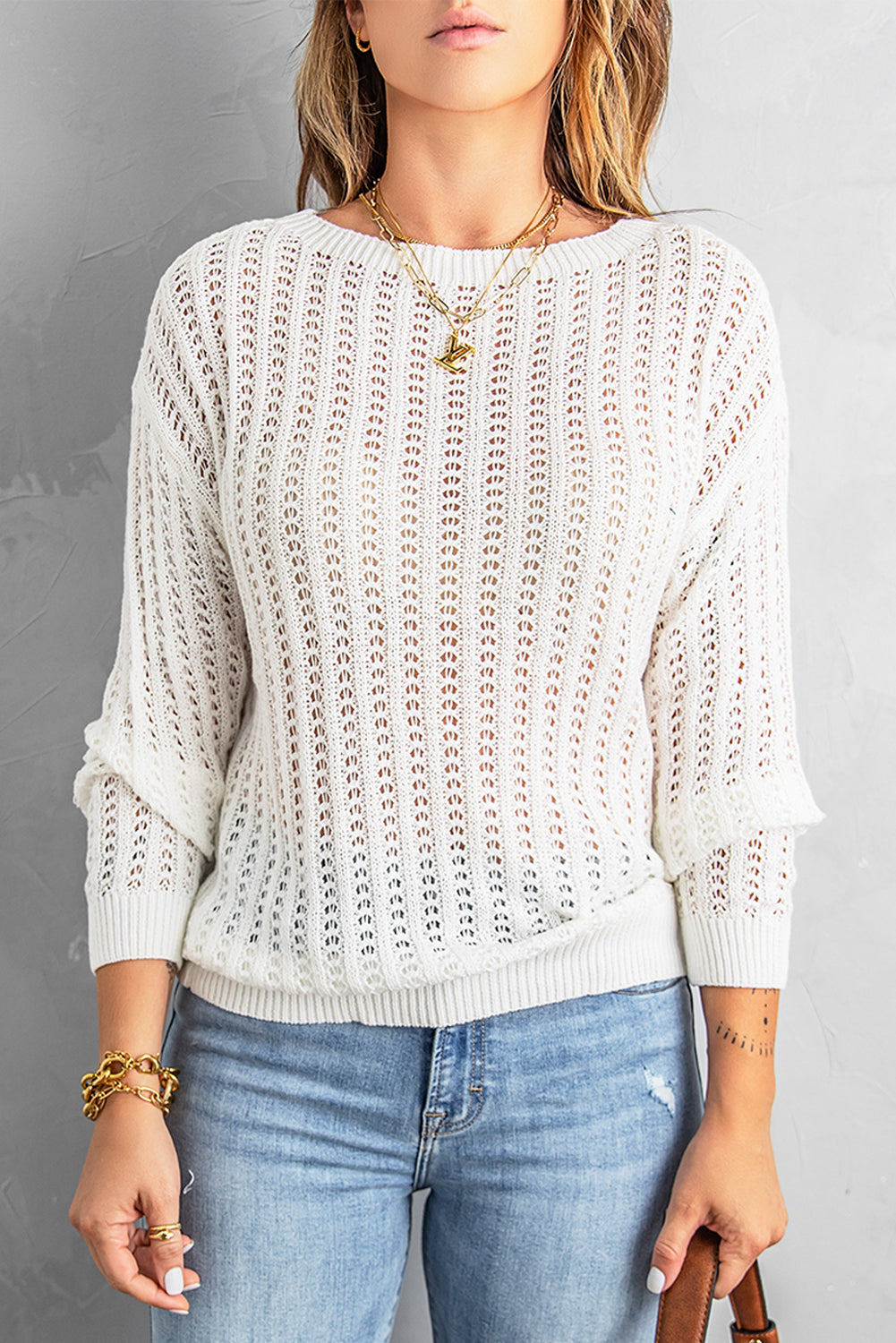 Dropped Shoulder Openwork Sweater - Minihomy