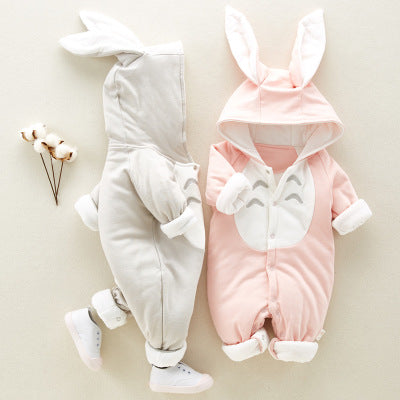 Newborn Jumpsuit Thickened Cotton Romper Boys And Girls Cartoon Rubbit Ears With Hood Jumpsuit