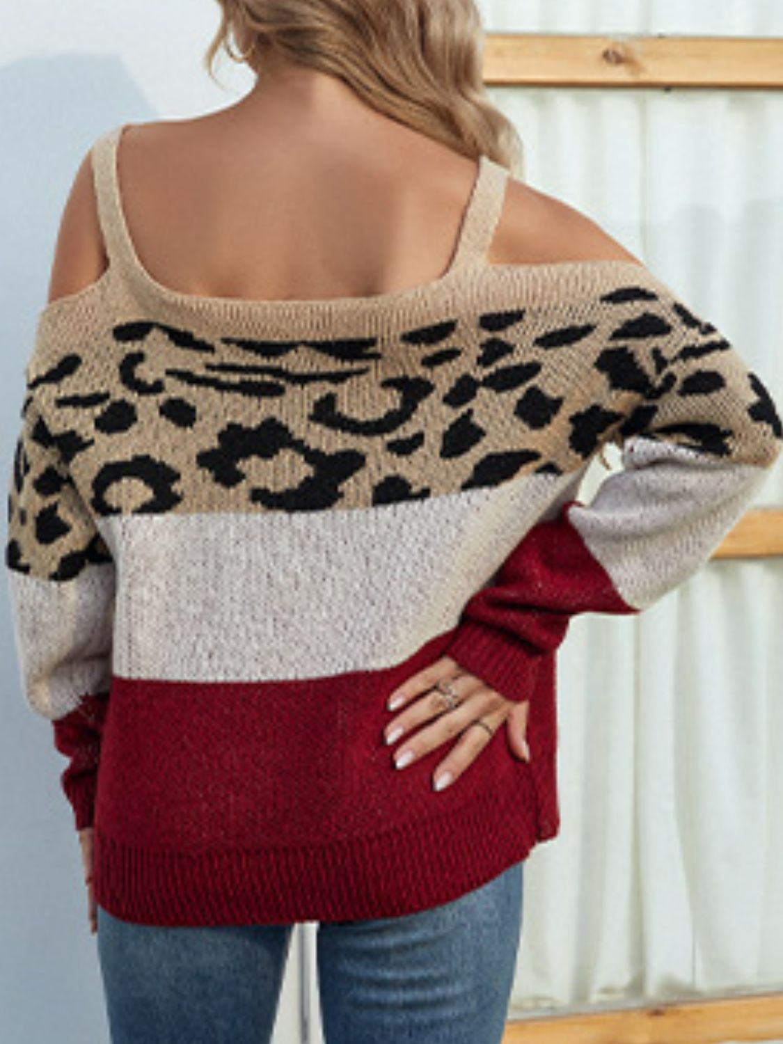 Leopard Print Color Block Square Neck Sweater