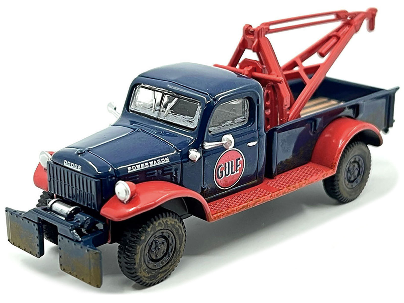 1950 Dodge Power Wagon Tow Truck Dark Blue (Weathered) "Gulf Oil" with Mechanic Figure