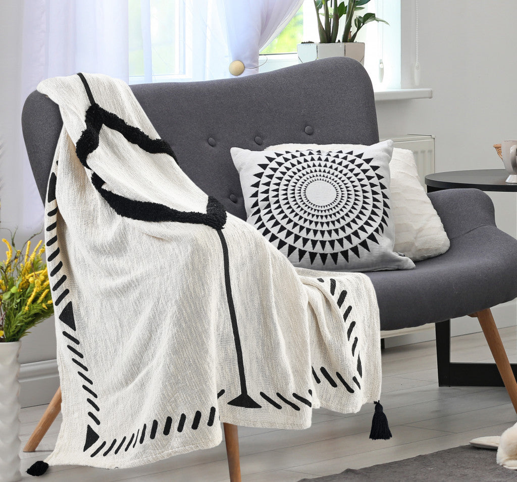 Black and White Woven Cotton Geometric Throw Blanket - Minihomy