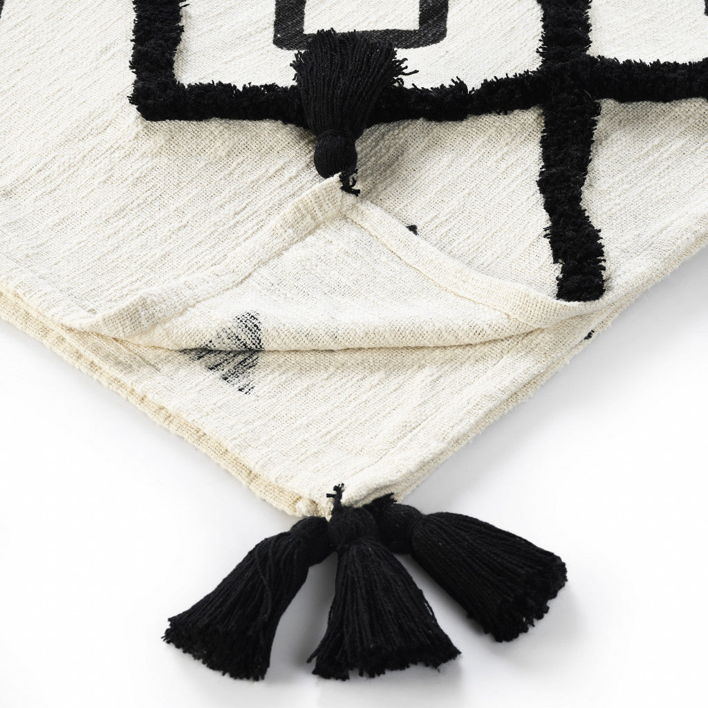 Black and White Woven Cotton Geometric Throw Blanket - Minihomy