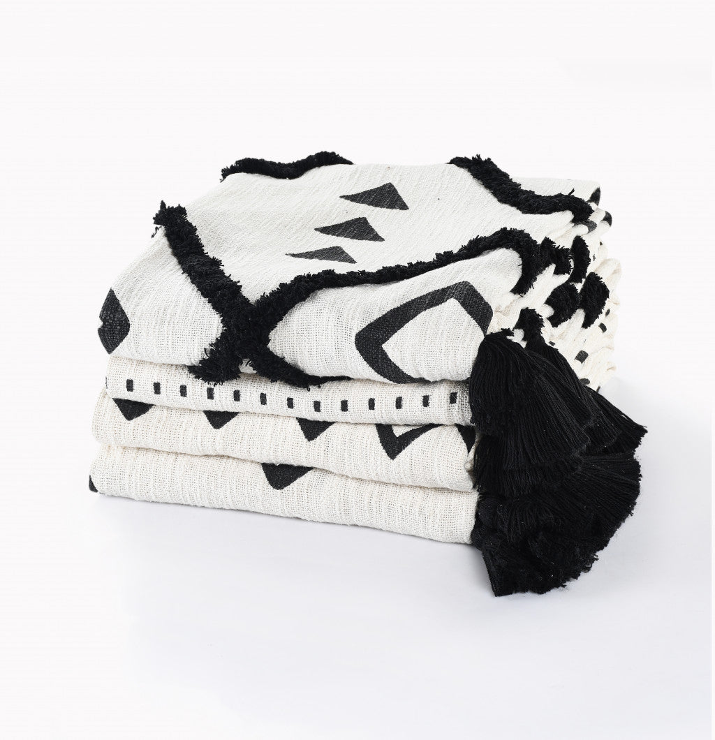 Black and White Woven Cotton Geometric Throw Blanket - Minihomy