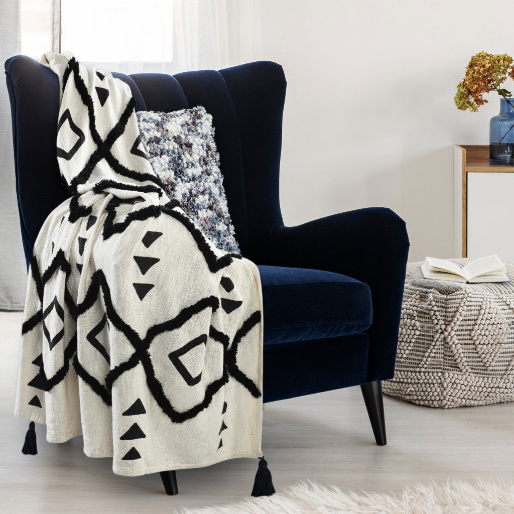 Black and White Woven Cotton Geometric Throw Blanket - Minihomy