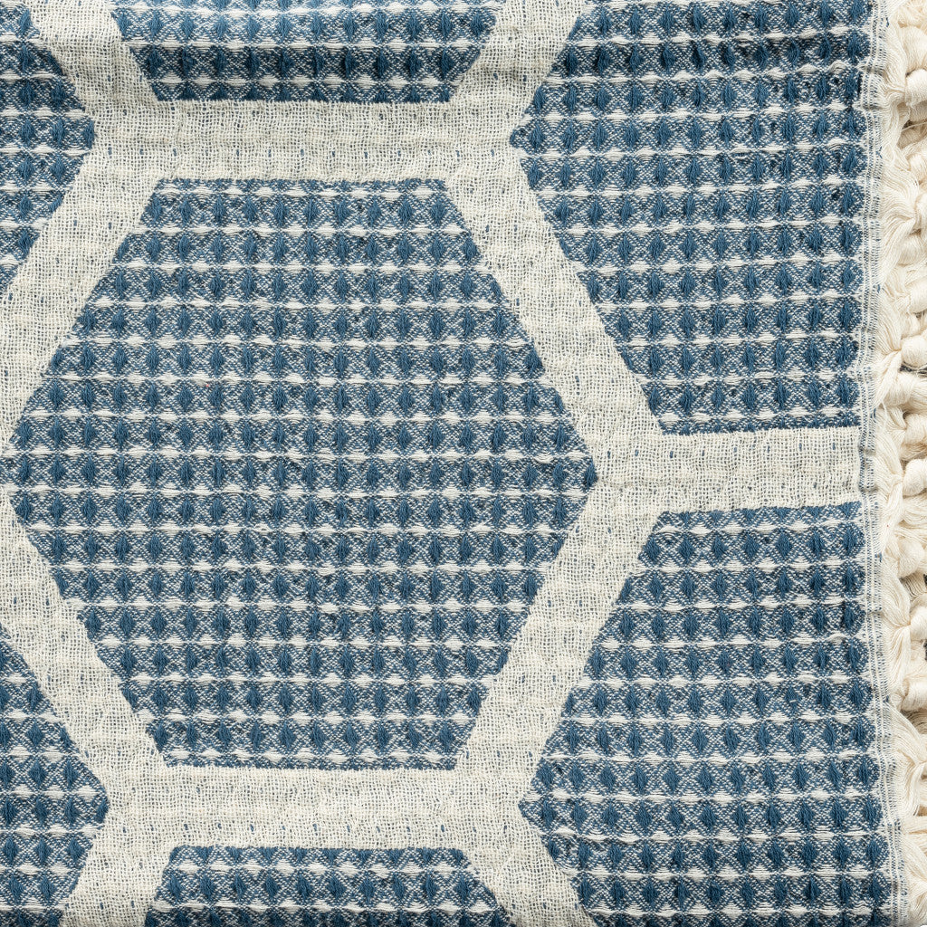 Blue and Off White Woven Cotton Geometric Throw Blanket - Minihomy